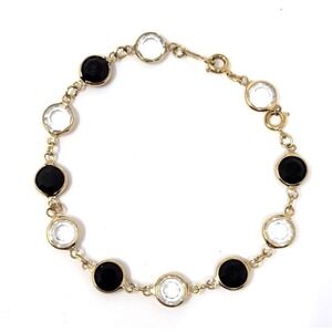 VTG 90s Swarovski Black Clear Crystal Bezel Link Bracelet Gold Tone 7.5-8 inch